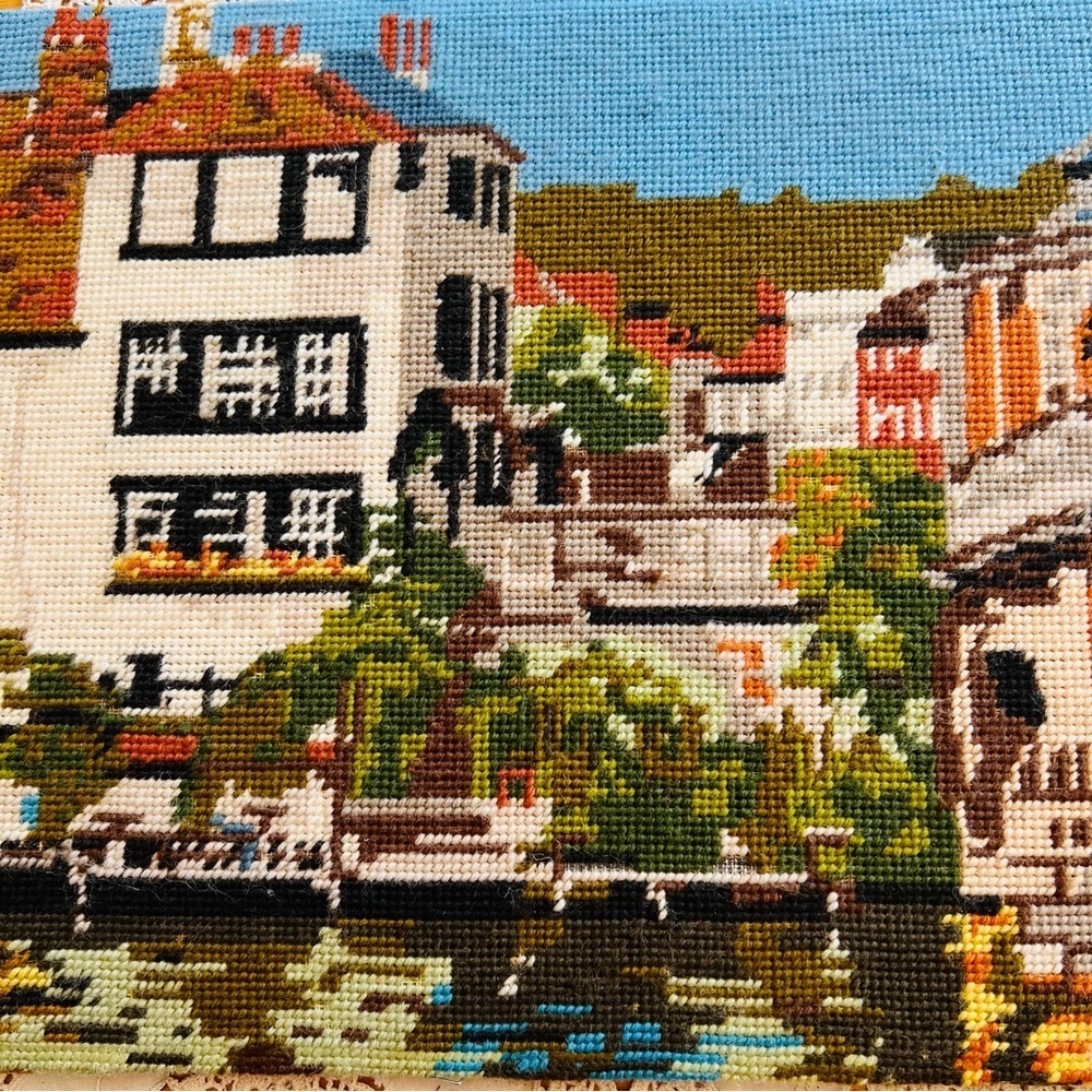 Vintage Hand-Embroidered Canvas – Riverside Village Scene
19.5” x 13”